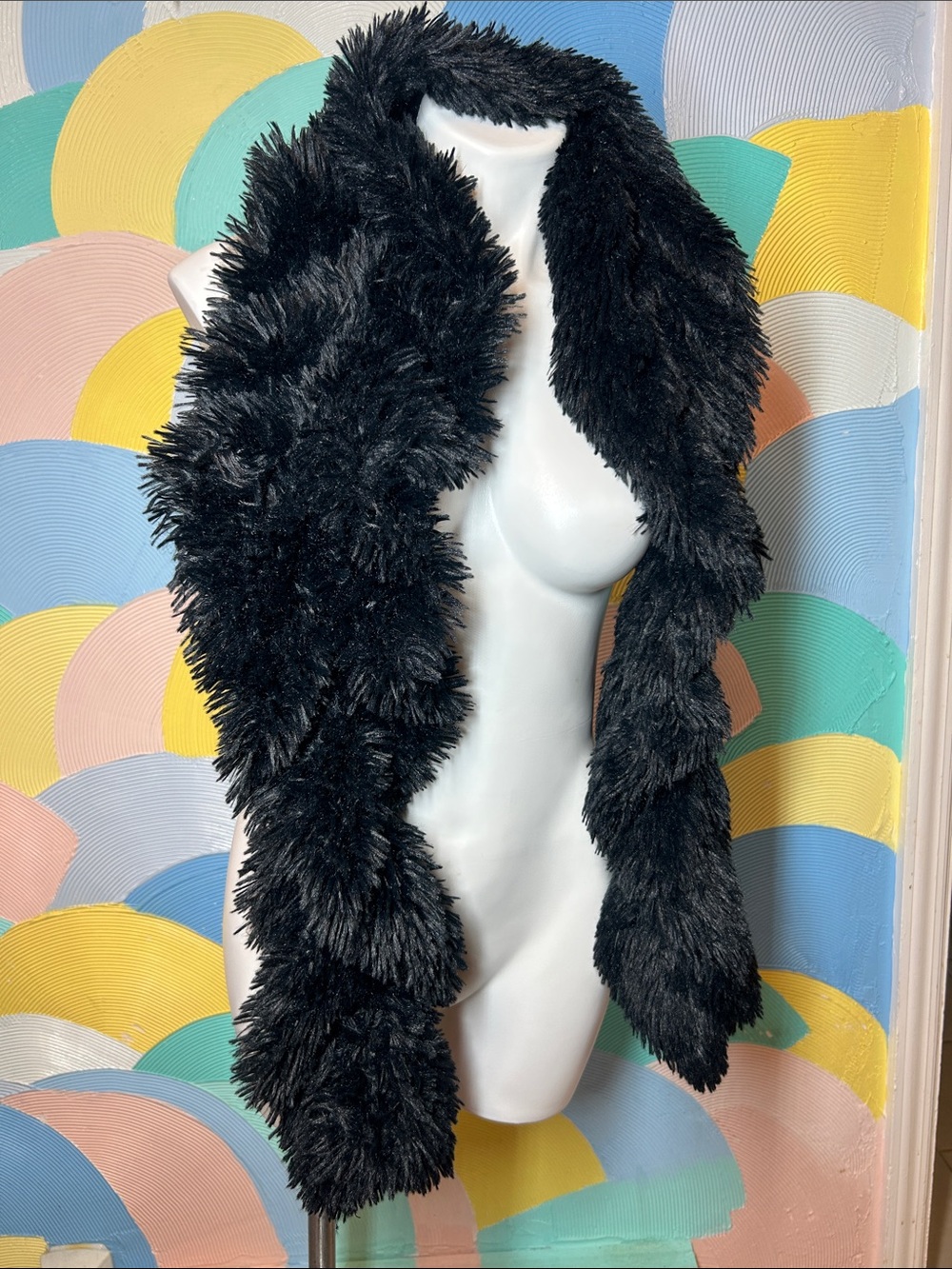 Black Fuzzy Faux Fur Elastic swirl Scarf - Picture 2 of 6